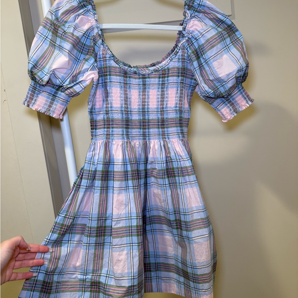 Hill House Plaid Puff-Sleeve Babydoll Dress in Pink + Blue- NAP DRESS